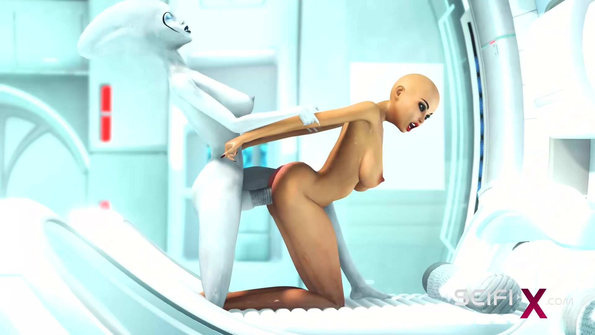 A sexy horny Chick gets fucked by alien dickgirl in the sci-fi lab