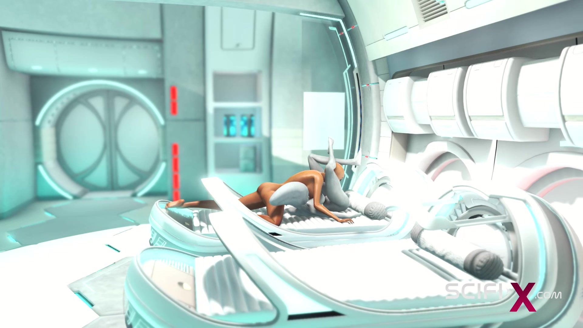 A sexy horny Chick gets fucked by alien dickgirl in the sci-fi lab