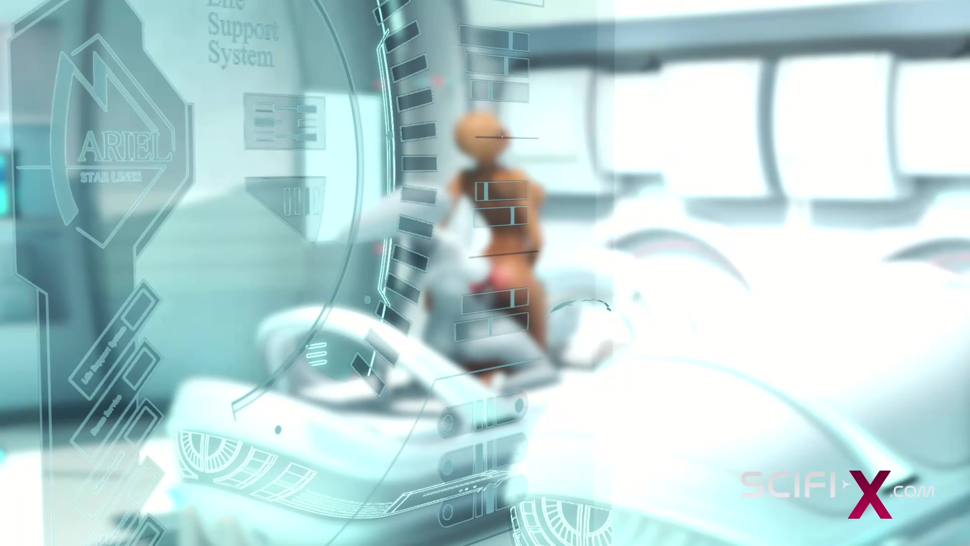 A sexy horny Chick gets fucked by alien dickgirl in the sci-fi lab