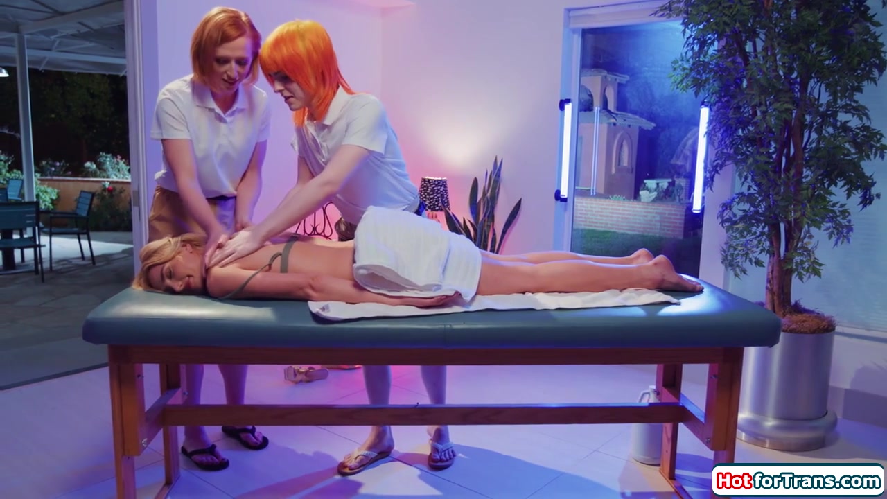 Small tits tgirls give busty lady happy end massage and anal