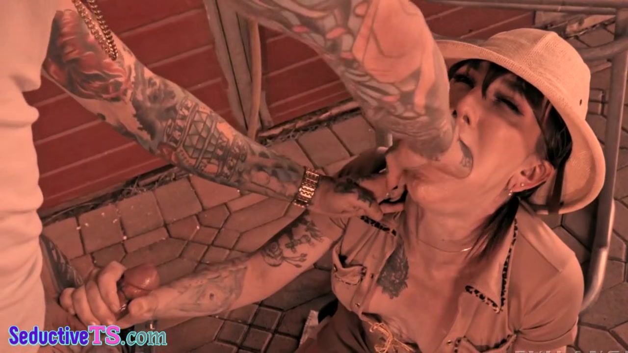 Tattooed TS Darling in uniform barebacked after asstoying