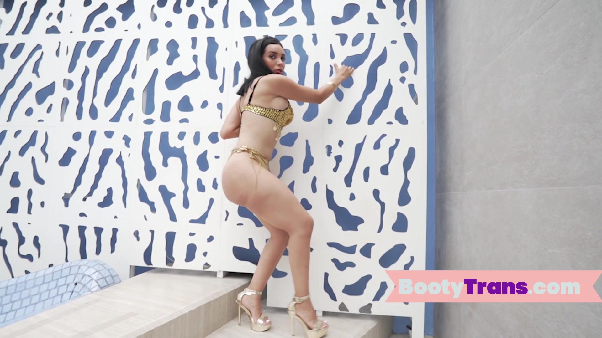 Big booty latina tgirl riding bareback after showing off ass