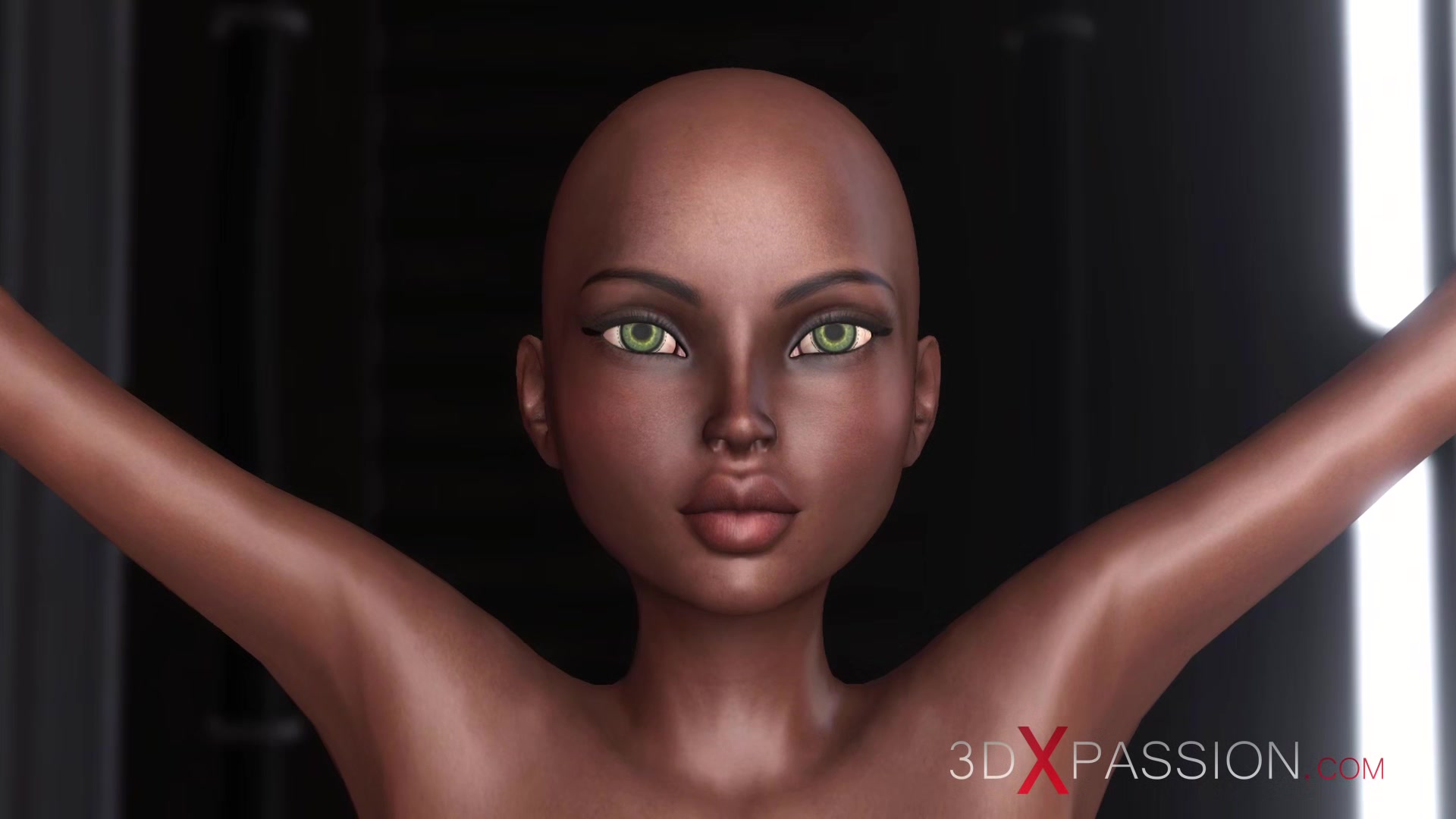Sexy sci-fi female alien plays with a black Chick in the space station