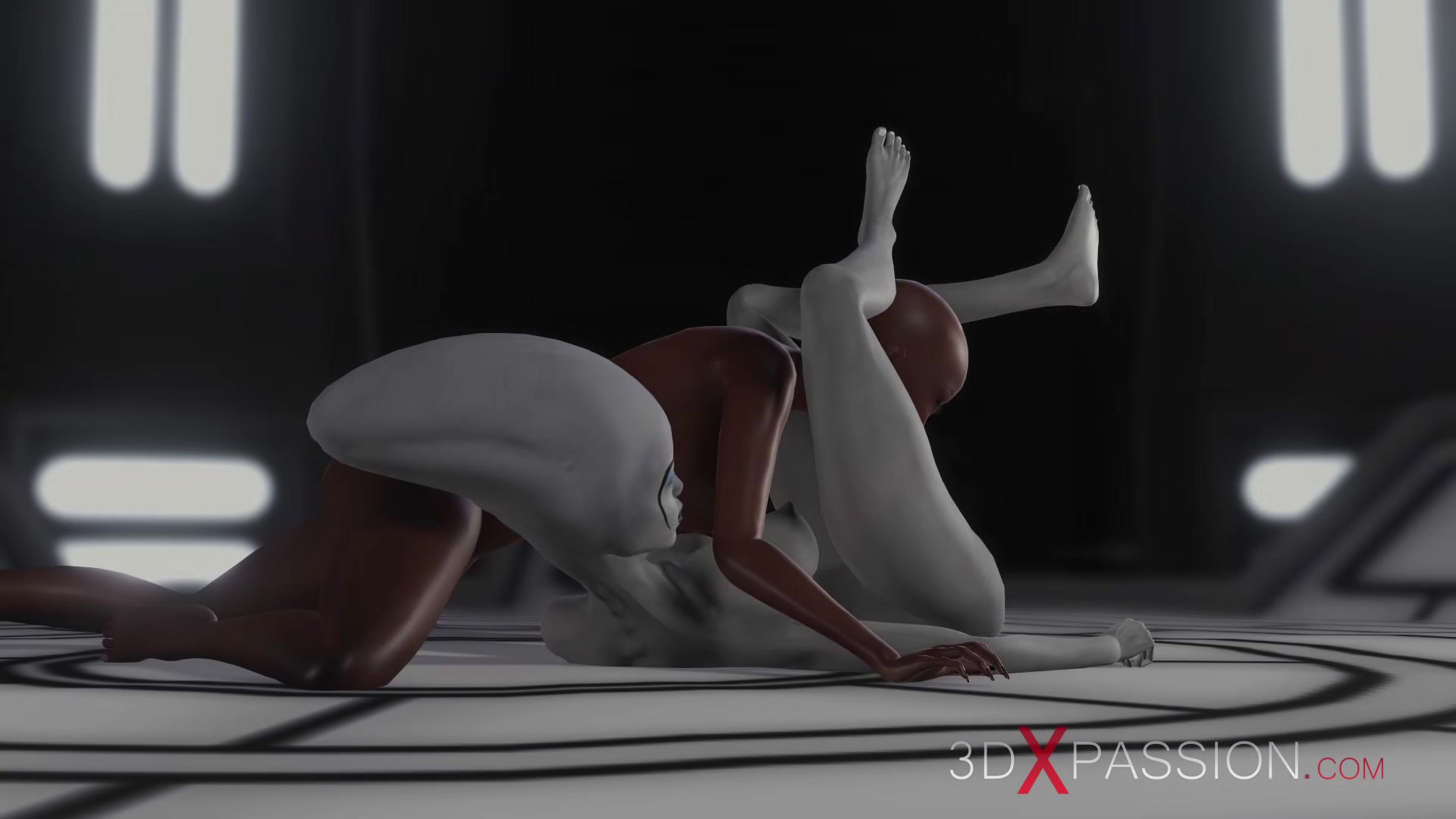 Sexy sci-fi female alien plays with a black Chick in the space station