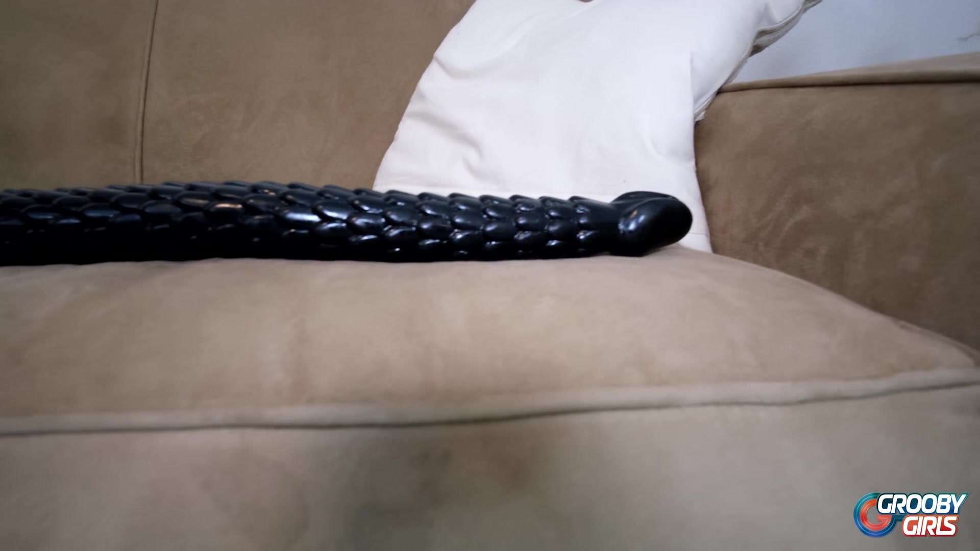 GROOBYGIRLS Horny tgirl with glasses and her super huge dildo