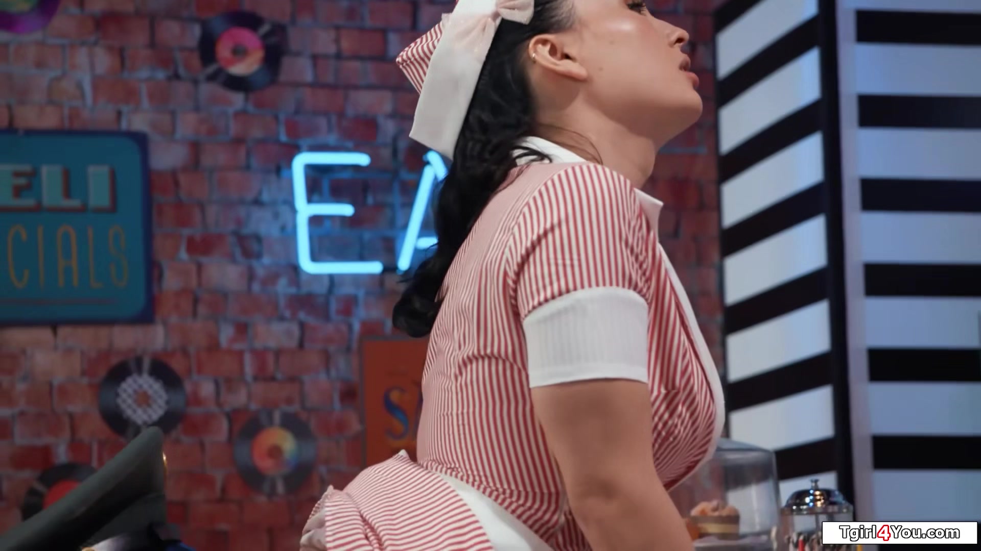 Asian shemale waitress Ember Fiera anal fucked in her diner
