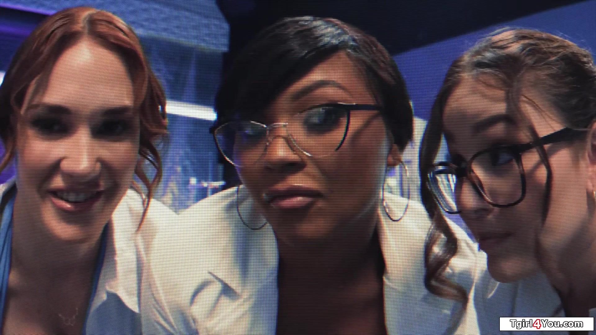 Three shemale sexdolls lick and fuck a busty milf scientist
