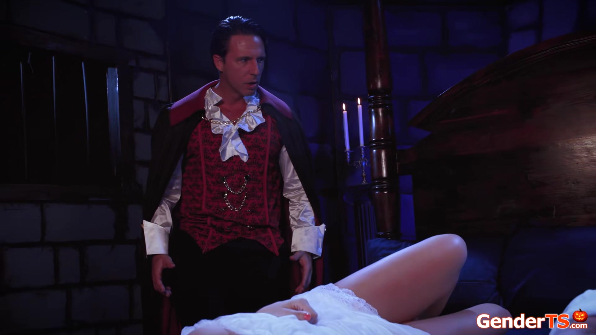 Shemale vampire Jade Venus offers Dracula to drain his balls