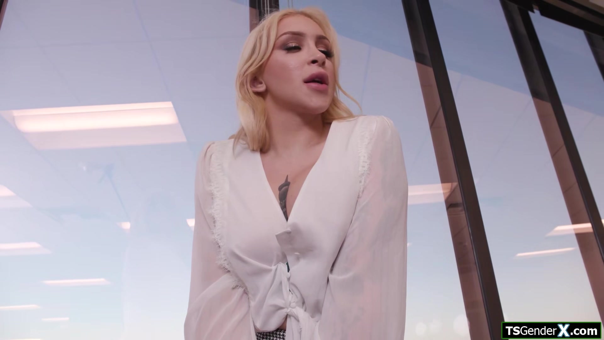 My shemale secretary shows me her boobs and her trans cock